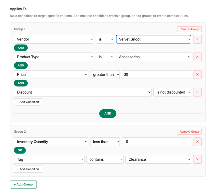Variant Discounts rule builder — live screenshot
