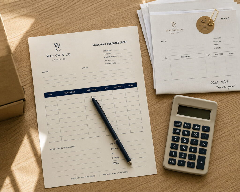 Wholesale purchase order and invoices on a desk